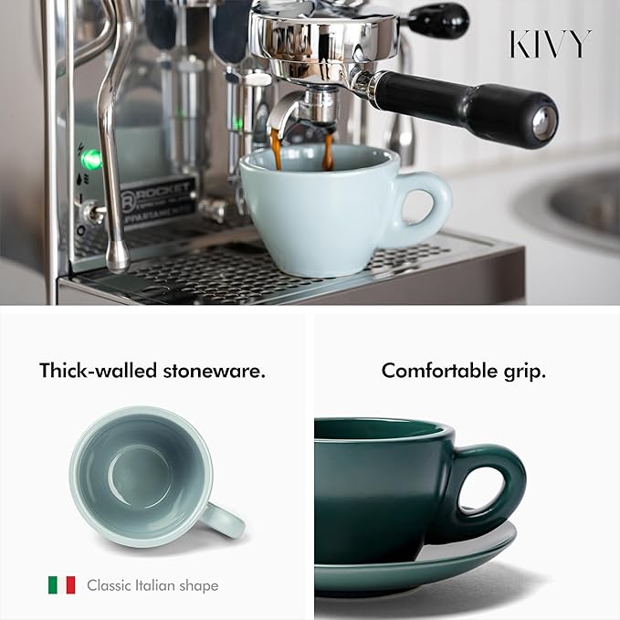 KIVY Cappuccino cups set of 4 [8oz] - Thick-walled stoneware cappuccino cup set for latte art - Cappuccino coffee cups - Tazas de cafe - Latte cups - Latte art cup and saucer set of 4 - Green, Blue