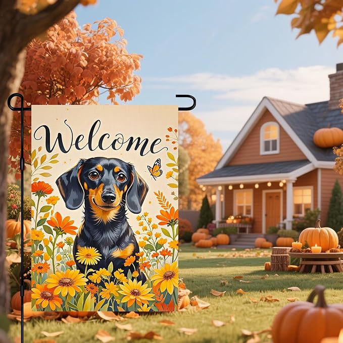 BlissYard Spring Summer Garden Flag 12x18 Inch Welcome Dachshund Dog Outdoor Flag Double Sided Autumn Yard Banner with Sunflowers and Butterflies for Porch Lawn Patio