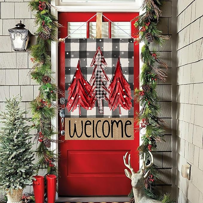 Welcome Christmas Red Trees Garden Flag 28 x 40 Inch Vertical Double Sided Buffalo Plaid Red Holiday Yard Outside Xmas Décor