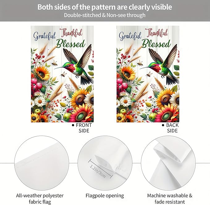 BlissYard Grateful Thankful Blessed Garden Flag 12x18 Inch Double Sided Yard Flag with Hummingbird and Sunflower Design for Spring Summer Outdoor Farmhouse Lawn Porch Decoration