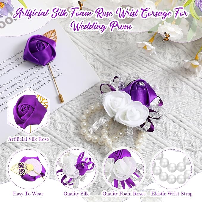 Tigeen 24 Pcs Wrist Corsage and Men's Boutonniere Set for Wedding Wristlet Corsage Hand Flower for Mother of Bride, Bridal, Bridesmaid Suit Decorations (Purple)