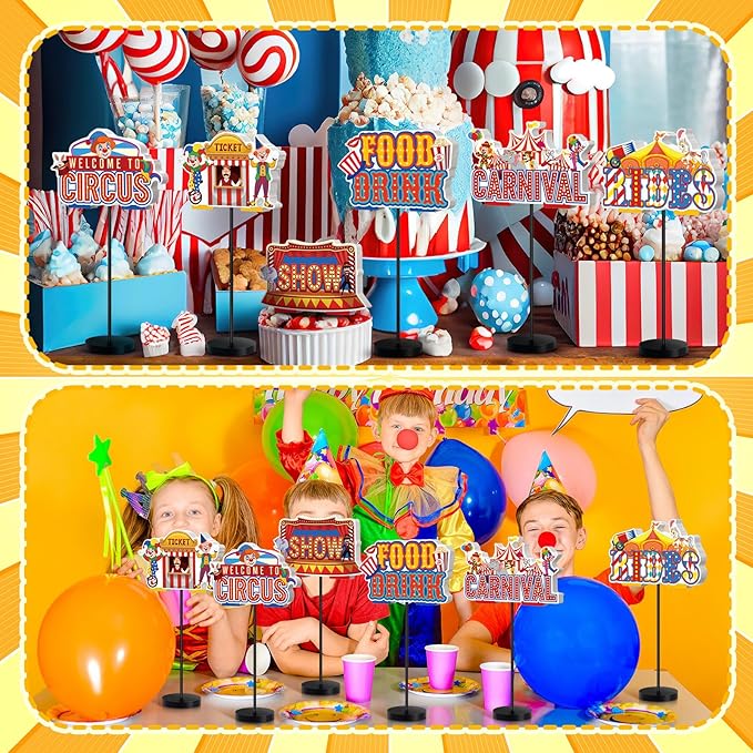 6 Pcs Carnival Party Decor Carnival Circus Decoration for Table Centerpieces Circus Birthday Wooden Standing Signs Tabletop Decor for Home Office Room Desk Party Supplies