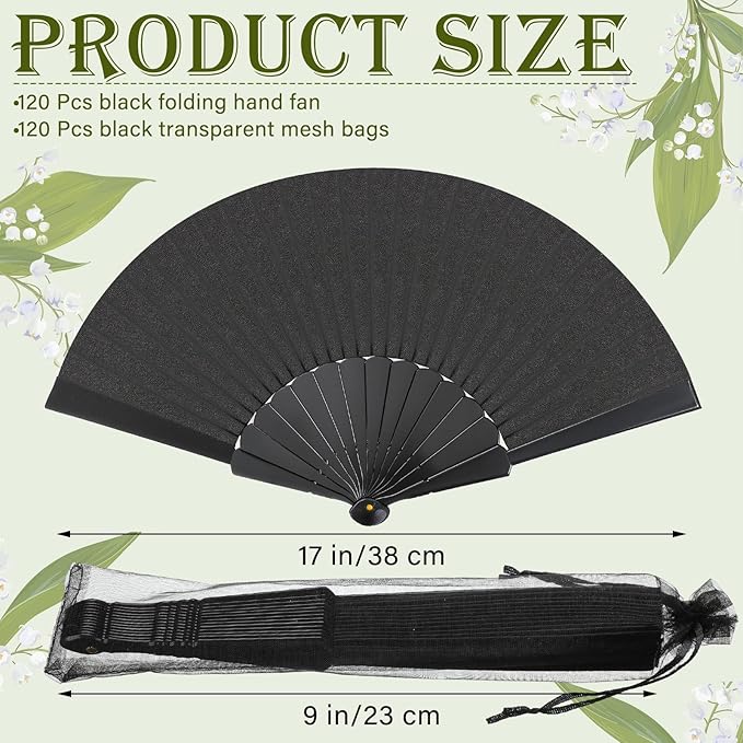 Wenqik 120 Pcs Wedding Folding Hand Fans Bulk Silk Fabric Chinese Handheld Foldable Clack Fans with Plastic Ribs for Party, Wedding Gifts, Line Dancing, Home Decorative (Black)