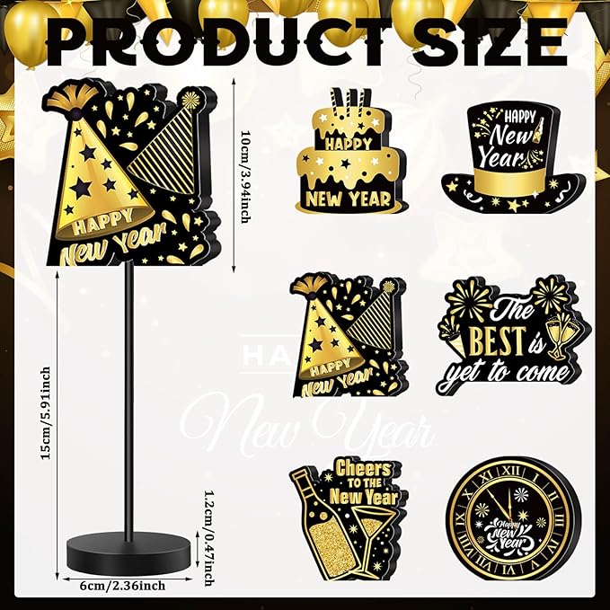 6 Pcs New Years Centerpieces for Tables Happy New Years Table Decoration Party Standing Tabletop Decor for Celebration Black and Gold Wooden Sign Single-sided Printed for 2026 Eve Party