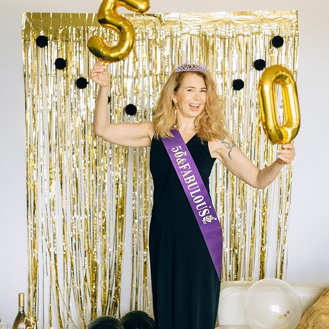 Casoty Purple 50th Birthday Sash and Tiara, 50th Birthday Decorations for Women, 50 & FABULOUS Sash and Crown Set, Party Supplies Favors for Women Gifts for Her