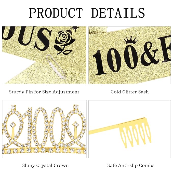 Casoty Gold 100th Birthday Sash and Tiara, 100th Birthday Decorations for Women, 100 and Fabulous Sash and Crown Set, Party Supplies Decorations for Women, Gifts for Her