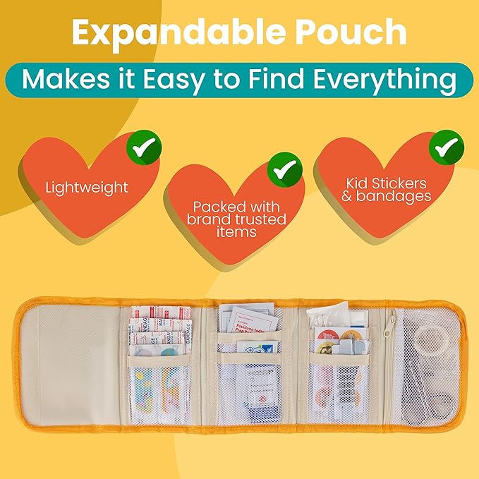 Travel First Aid Kit for Kids - Mini Car, Purse, Backpack, or Diaper Bag 75 Piece Medicine Includes All Essential Medical Supplies TSA-Approved (Orange Crush)