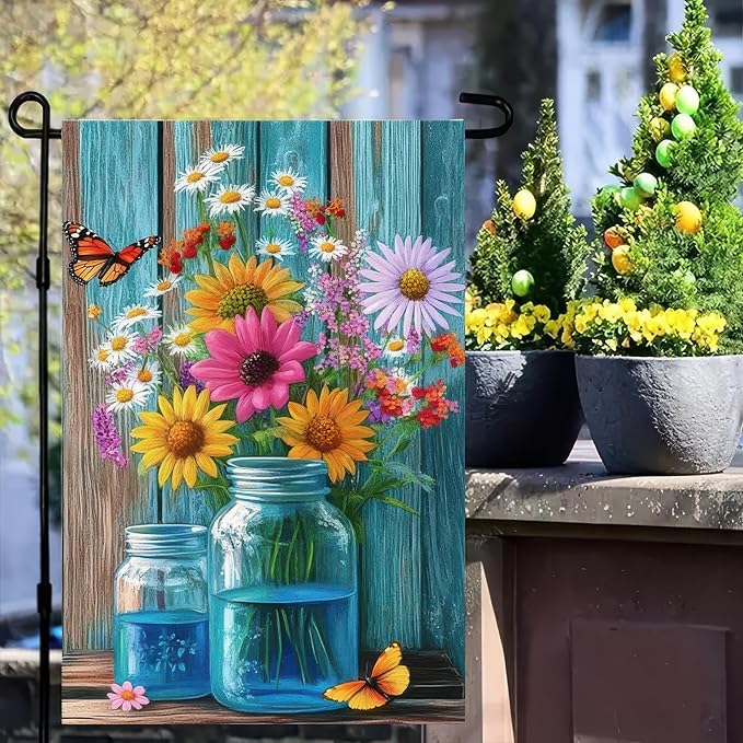 BlissYard Welcome Spring Garden Flag Double Sided 12x18 Inch Spring Summer Garden Flags Wildflowers In Mason jars Spring Garden Flag Seasonal Rustic Yard Lawn Holiday Outdoor Decor Banner