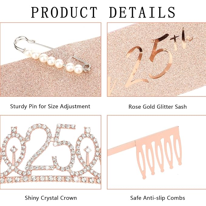 Casoty Rose Gold 25th Birthday Sash and Tiara for Women, 25th Birthday Party Decorations for Women, Crown and Sash Set, Gifts for Her