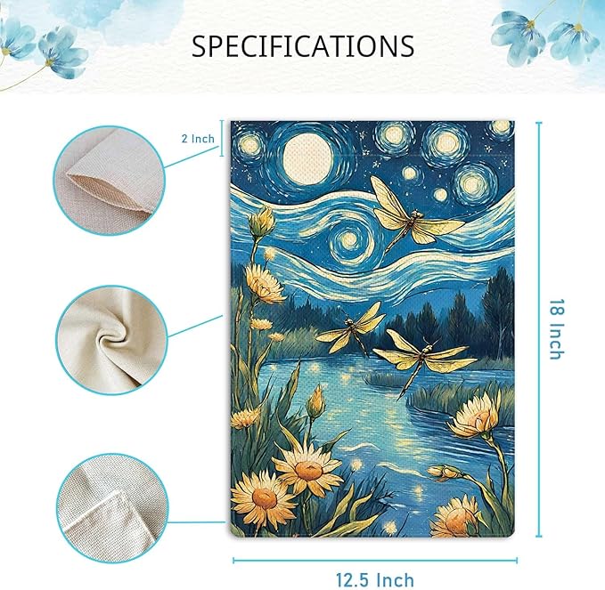 Welcome Summer Dragonfly Garden Flag Starry Night Garden Flag Small Flowers Vertical Double Sided Rustic Farmland Burlap Yard Lawn Outdoor Decor 12.5x18"