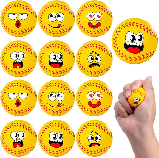 12 Pack Softball Stress Balls with 6 Funny Faces - 1.57 Inch Mini Squishy Softball Party Favors, Goodie Bag Stuffers, Classroom Treasure Box Prizes, Teen Anxiety Relief Toys & Kids Birthday Gifts