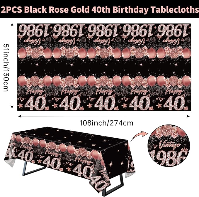2pcs 40th Birthday Tablecloth, Black Rose Gold 40th Birthday Decorations for Woman Vintage 1986 Table Cloth Plastic Rectangular Table Cover Happy 40 Anniversary Party Supplies