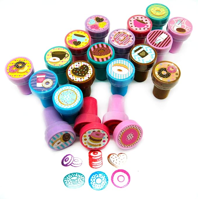 TINYMILLS 24 Pcs Donuts Stampers for Kids Donut Party Favors Goodie Bag Stuffers Pinata Fillers Classroom Rewards Carnival Prizes