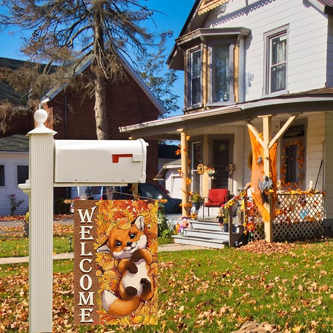 ZAEW Fall Welcome Cute Little Fox Maple Leaves Autumn Garden Flag Yard Flag 12x18 Inch Double Sided Small Mini Yard Outdoor Outside Farmhouse Holiday Decoration