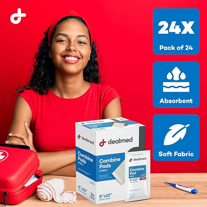 Dealmed Abdominal Combine Pads 8"x10" (360-Case) Sterile Individually Wrapped, ABD Pads, Absorbent, Non Adherent for Wound Care, Drainage, First Aid, 24/Box (Case of 15)