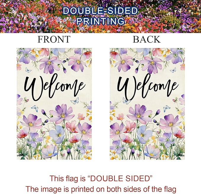 Baccessor Spring Summer Pansy Welcome House Flag 28 x 40 Inch Large Double Sided Burlap Butterflies Floral Flower Farmhouse Porch Flag Holiday Seasonal Outdoor Outside Decoration