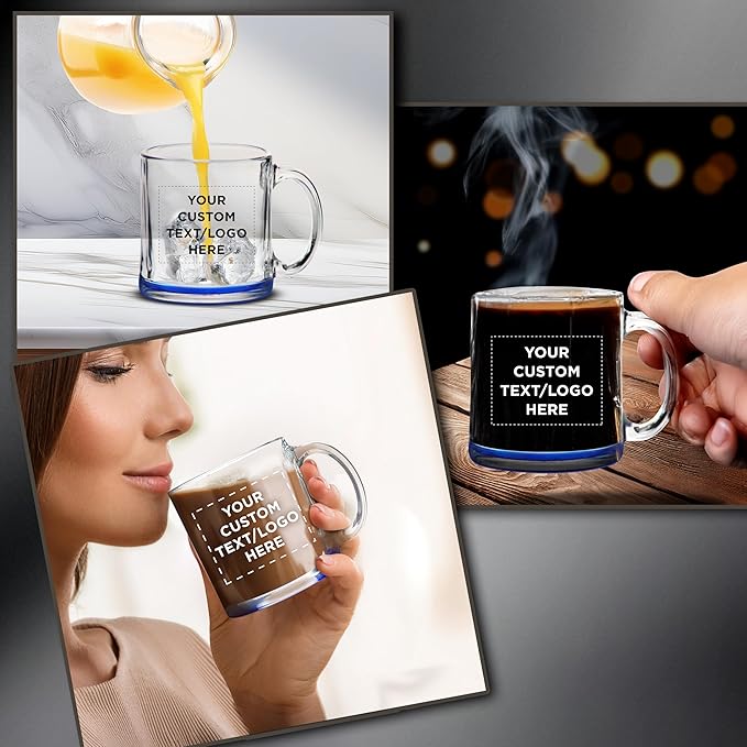 Custom Clear Glass Coffee Mugs 13 oz. Set of 100, Personalized Bulk Pack - Perfect for Coffee, Tea, Espresso, Hot Cocoa, Other Beverages - Blue Bottom