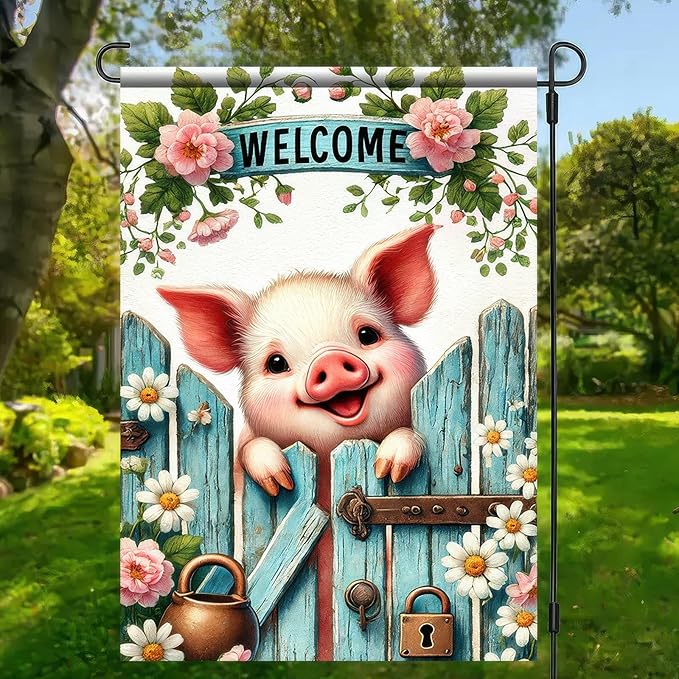 BlissYard Welcome Spring Summer Garden Flag 12 x 18 inch Double Sided Cute Pig Small Yard Flag Seasonal Outdoor Decoration Yard Hello Spring Summer Farmhouse Holiday Garden Flags