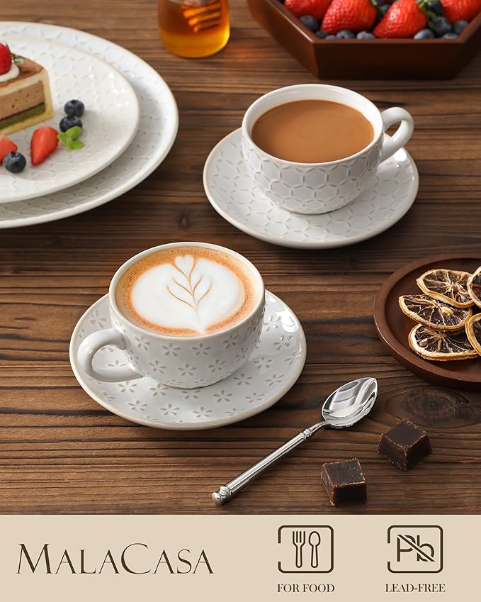 MALACASA 6 OZ Cappuccino Cups with Saucers Set of 4 - Ceramic Stackable Tea Cups and Saucers, Embossment Coffee Mugs for Tea, Latte and Mocha, Dishwasher Safe, Arctic white