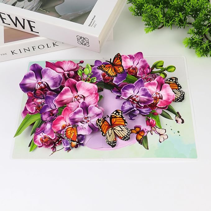 CUTE POPUP Thank you 3D popup card - Captivating Orchid and butterflies design - 6x8 inches - Memorable Keepsake for Friend, family or Colleague in any Occasion