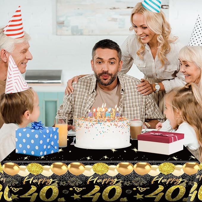 2pcs 40th Birthday Tablecloth, Black Gold 40th Birthday Decorations for Men Women Vintage 1986 Table Cloth Plastic Rectangular 40th Table Cover Happy 40 th Anniversary Party Supplies