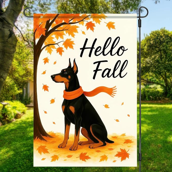 BlissYard Hello Fall Garden Flag 12x18 Inch Double Sided Doberman Dog Flags Autumn Leaves Yard Flag Seasonal Pumpkin Outdoor Small Banner for Fall Porch Lawn Decor