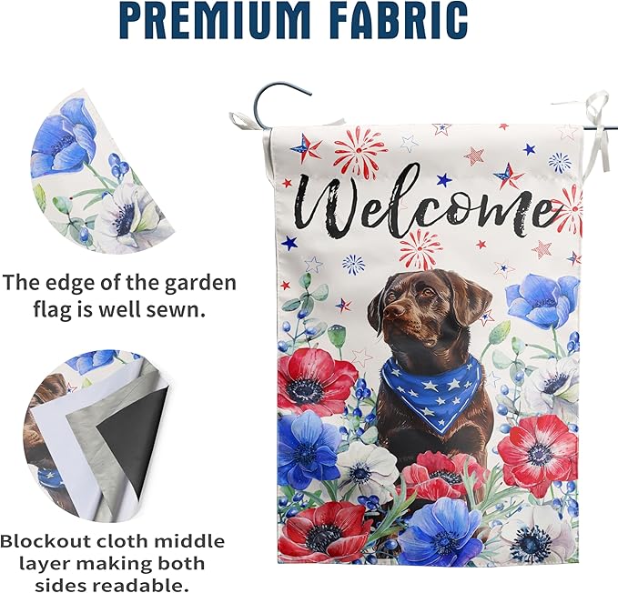 4th of July Chocolate Lab Garden Flag Red White Blue Floral Labrador Dog Yard Flags Small Memorial Independence Day Banner 12x18 Double Sided for Outside Outdoor Patriotic Decor