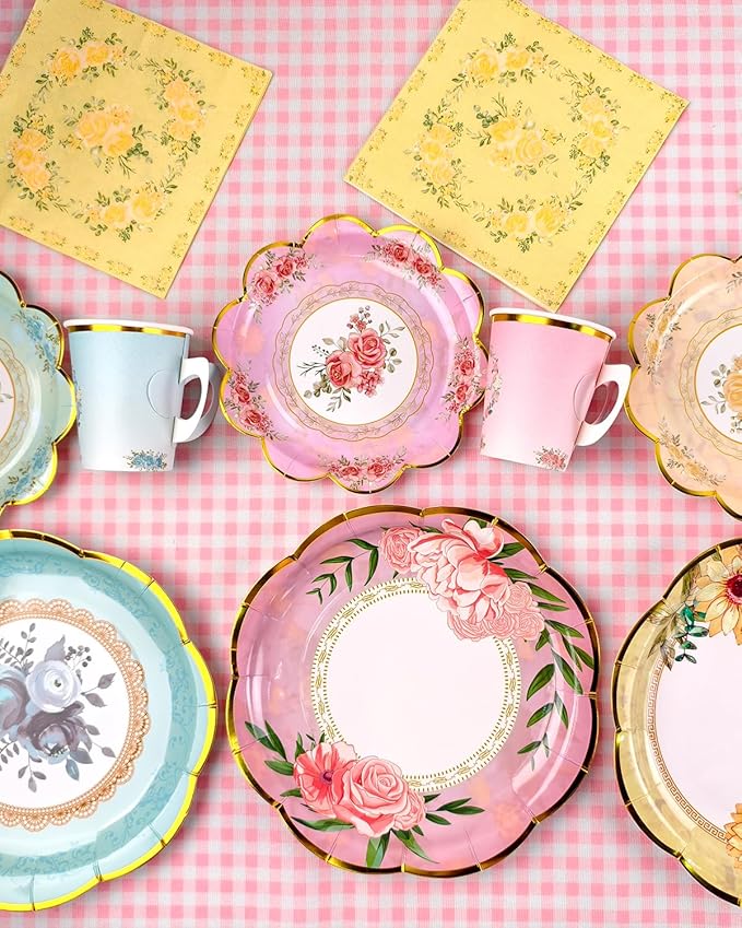 240 Pcs 48 SetsTea Party Supplies Floral Paper Tea Cups and Saucers, Disposable Teacup with Handle, 9'' ＆ 7'' Paper Plate Napkin, for Birthday, Baby Shower, Wedding Decorations