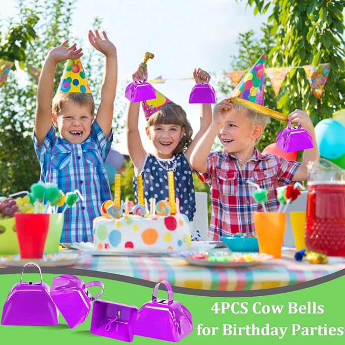 Metal Cow Bell Noise Maker - 3 Inch Pack of 4 - Small Loud Metal Cowbell Noisemaker with Handle - Great for Football Games, Sporting Events, Weddings, New Year's Eve, Birthday Parties