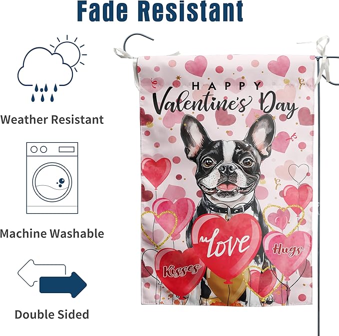 Boston Terrier Valentine Garden Flag Valentines Day Flags for Outside 12x18 Double Sided Small Yard Flags Dog Valentine's Day Decor Outdoor Lawn Valentines Banners Front Porch