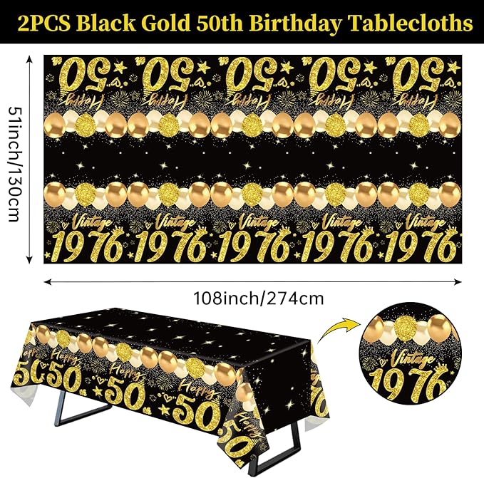 2pcs 50th Birthday Tablecloth, Black Gold 50th Birthday Decorations for Men Women Vintage 1976 Table Cloth Plastic Rectangular 50th Table Cover Happy 50 th Anniversary Party Supplies