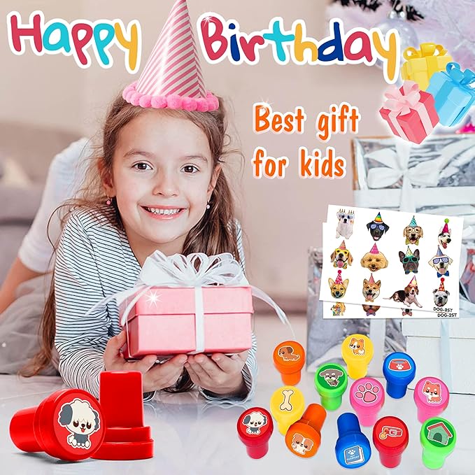 36PCS Dog Party Favors - 24PCS Temporary Tattoos & 12PCS Stamps - Ideal Pet Lover Themed Birthday Card Decorations Supplies Goodie Bag Cute Rewards for Boys Girls Classroom Gifts Baby Shower