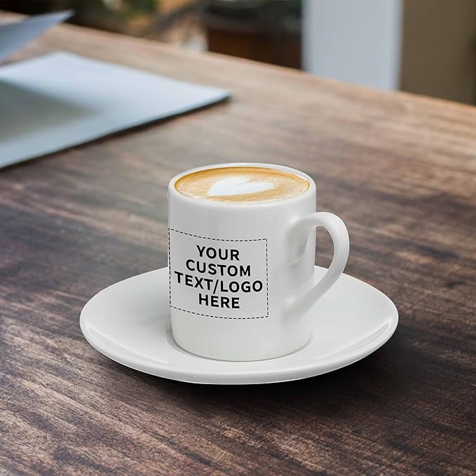 DISCOUNT PROMOS 10 Espresso Cups with Saucers Set, 3 oz. - Personalized Text, Logo - Practical, Porcelain, Coffee Shops - White
