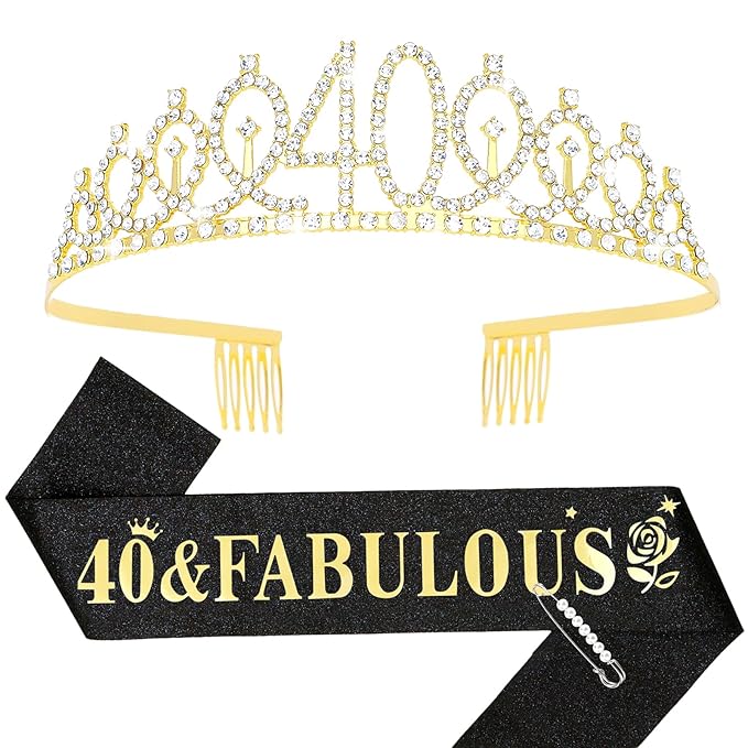 Casoty 40th Birthday Sash and Tiara, 40th Birthday Decorations for Women, 40 & Fabulous Sash and Crown Set, Gifts for Her, Birthday Party Supplies for Women