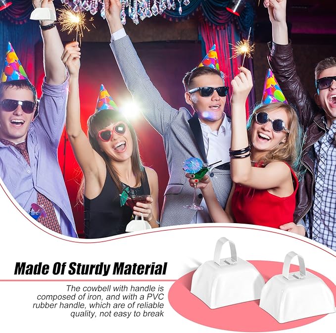Yeshone 24 Pcs Metal Cowbell with Handle Cow Bells Noise Makers for Sporting Events Small Loud Noisemaker Cow Bell for Wedding Cheering Football Games, 3 x 2.8 x 2.5 Inch(White)