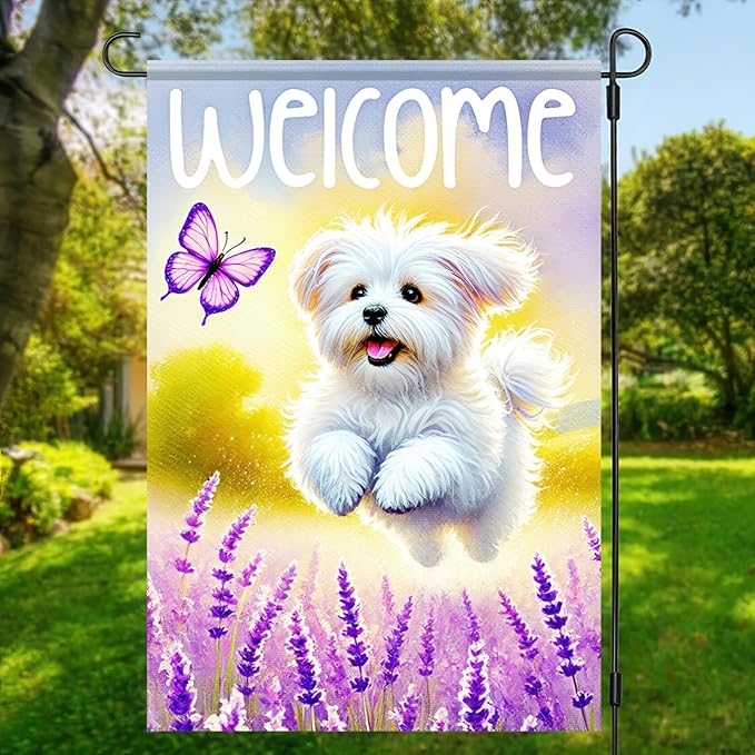 BlissYard Welcome Spring Summer Garden Flag Maltese Dog Floral Welcome Garden Flag 12x18 Inch Double Sided Yard Flags Spring Outdoor Decorative Flags for Lawn Patio Porch