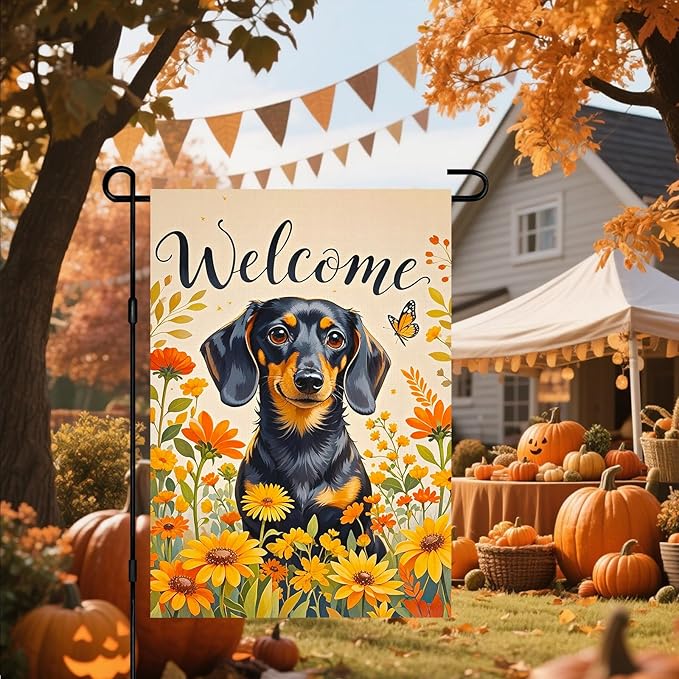 BlissYard Spring Summer Garden Flag 12x18 Inch Welcome Dachshund Dog Outdoor Flag Double Sided Autumn Yard Banner with Sunflowers and Butterflies for Porch Lawn Patio