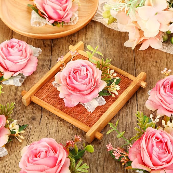 Sherr Wedding Rose Wrist Corsage Wristlet Band for Bridal Bridesmaid Women Flowers Bracelets Decor Wedding Artificial Flowers for Party Prom Homecoming(Peach Pink,24 Pcs)