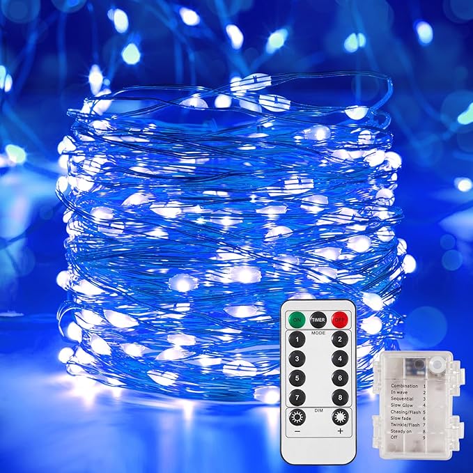 Ariceleo 1 Pack 65.6 Ft. Battery Operated Outdoor String Lights with Remote & Timer, LED Blue Fairy Lights, Waterproof Twinkle Lights for Bedroom, Dorm, Mason Jar, Wedding, Party, Christmas