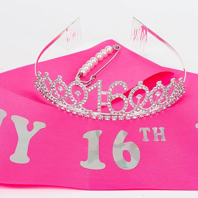 Casoty 16th Birthday Sash and Tiara, 16th Birthday Decorations for Girls, It's my 16th Birthday Sash and Crown Set, Party Favors Sweet 16 Decorations Gifts for Her