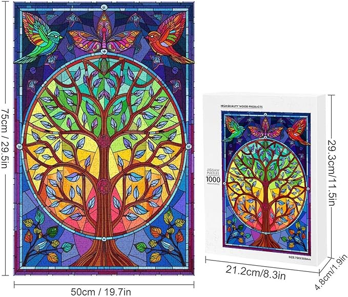 Wooden Jigsaw Puzzles - Unique Stained Glass Tree - 1000 Piece Jigsaw Puzzle for Adults Teenagers and Kids Educational Family Game，Home Decor，Suitable for Puzzle Enthusiasts and Collectors