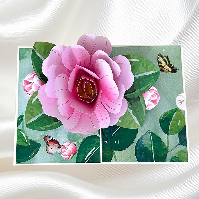 Pop Up Flower Cards for Women, Rose Pop Up Birthday Card, Elegant 3D Camellia Rose Flower Birthday, Mother's Day Pop Up Card for Women, Wife, Mom, Sister, Grandma, Personalized with Message Note