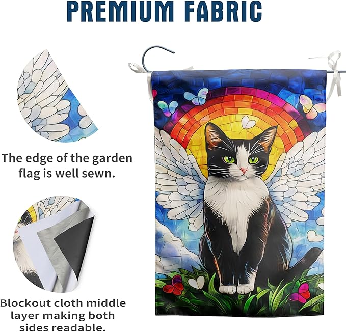 Stained Glass Tuxedo Cat Garden Flag 12x18 Double Sided - Rainbow Bridge Memorial Gift for Loss of Pet - Bereavement Sympathy Gift for Cat Lovers - Seasonal Small Flags for Outside