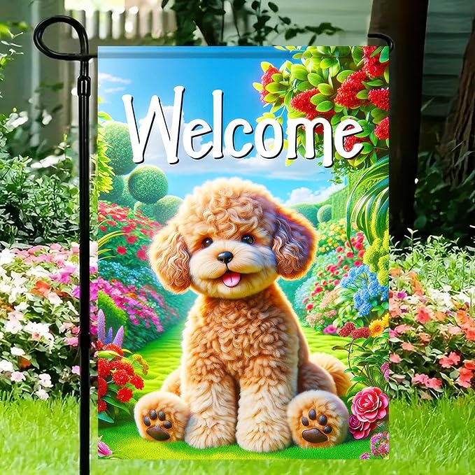 BlissYard Poodle Welcome Spring Summer Garden Flag 12x18 Double Sided Small Garden Yard House Flags Outside Outdoor Summer Porch Lawn Decoration Decor