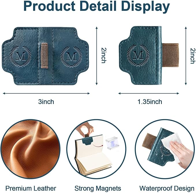 BygoneMark Magnetic Leather Bookmark with Pen Holder, Personalized Custom Initial Page Marker & Pen Clip, Professional Book Accessory for Students (Blue-B)