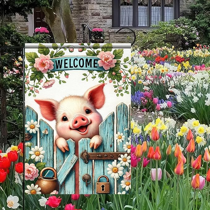 BlissYard Welcome Spring Summer Garden Flag 12 x 18 inch Double Sided Cute Pig Small Yard Flag Seasonal Outdoor Decoration Yard Hello Spring Summer Farmhouse Holiday Garden Flags