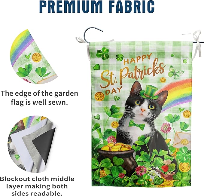 Tuxedo Cat St Patricks Day Garden Flag Cat St Patrick's Day Yard Flags for Outside 12x18 Double Sided Buffalo Plaid Shamrock Flag Small Outdoor Rainbow St Patrick's Decor