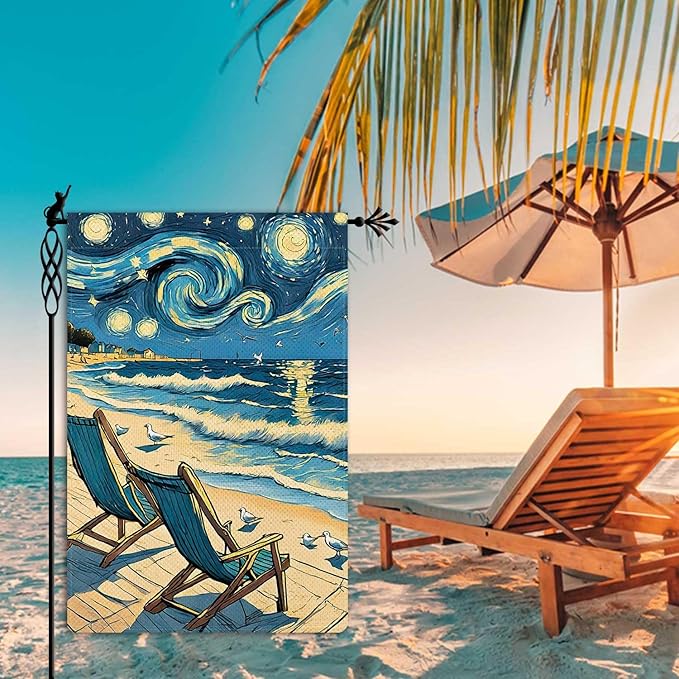 Welcome Summer Ocean Lounge Chair Garden Flag Starry Night Garden Flag Seagull Vertical Double Sided Rustic Farmland Burlap Yard Lawn Outdoor Decor 12.5x18"