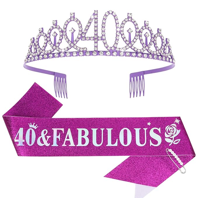 Casoty Purple 40th Birthday Sash and Tiara, 40th Birthday Decorations for Women, 40 & Fabulous Sash and Crown Set, Gifts for Her, Party Supplies for Women