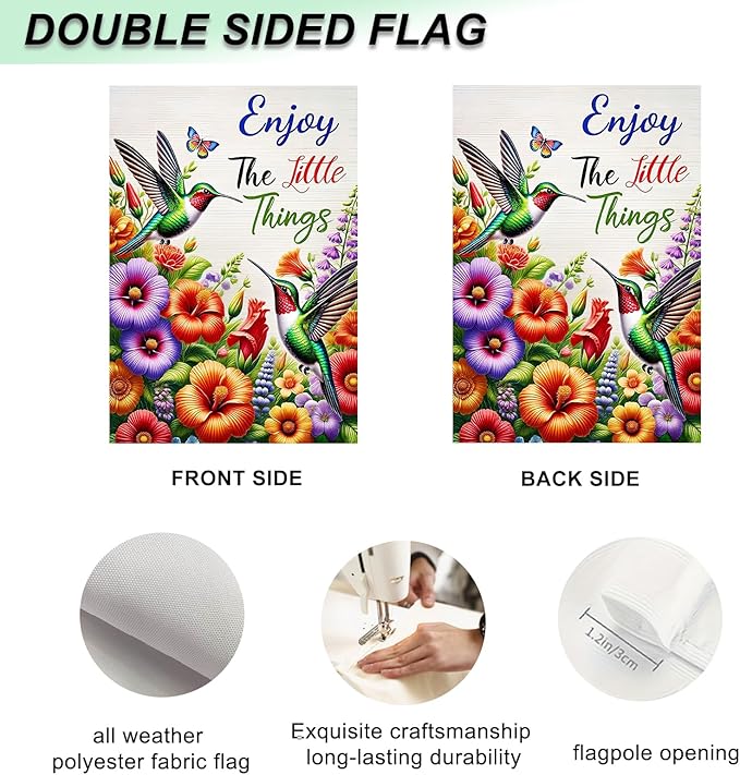 IVN Christmas Garden Flag 12x18 Inch Double Sided Hummingbirds Butterfly Colorful Flowers Enjoy the Little Things Outdoor Yard Flag for Outside Front Door Lawn Porch Patio Welcome Decor